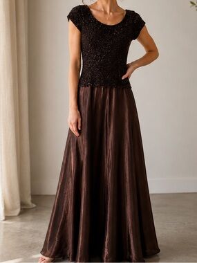 VTG JS Collection Brown Maxi Dress‎ Satin Layered Evening Gown Sz 4 Whimsy Goth